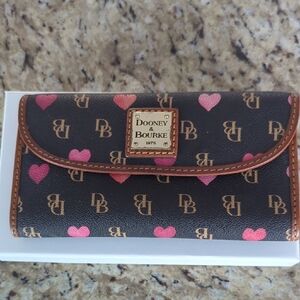 Dooney & Bourke Chocolate Brown Wallet with Pink Hearts In Logo Pattern